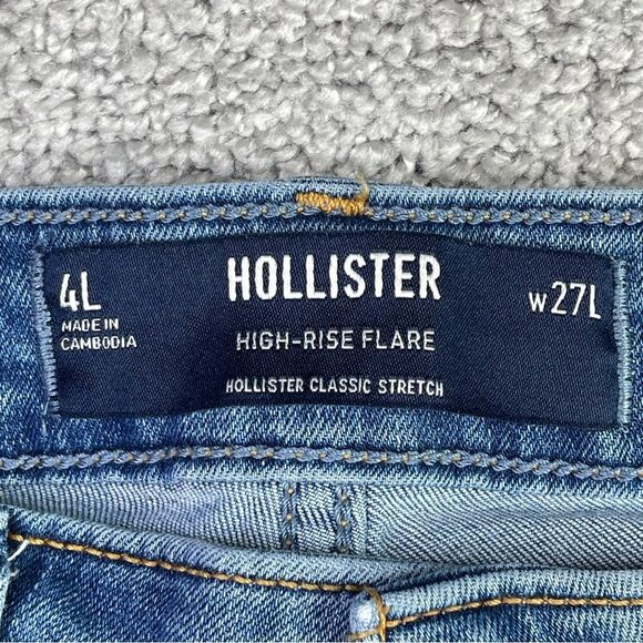 Hollister Jeans Women’s 4 Long Blue Flare High Rise Medium Wash Ripped Stretch - Picture 5 of 12